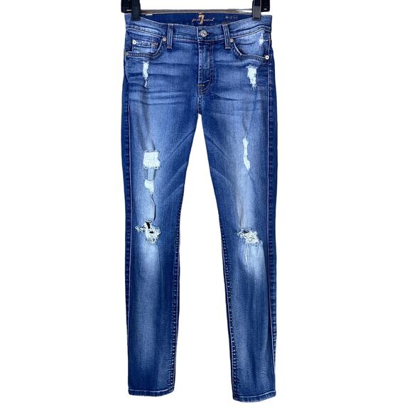 7 For All Mankind Blue The Ankle Skinny Jeans Distressed Authentic Light Size 27 - Picture 1 of 12